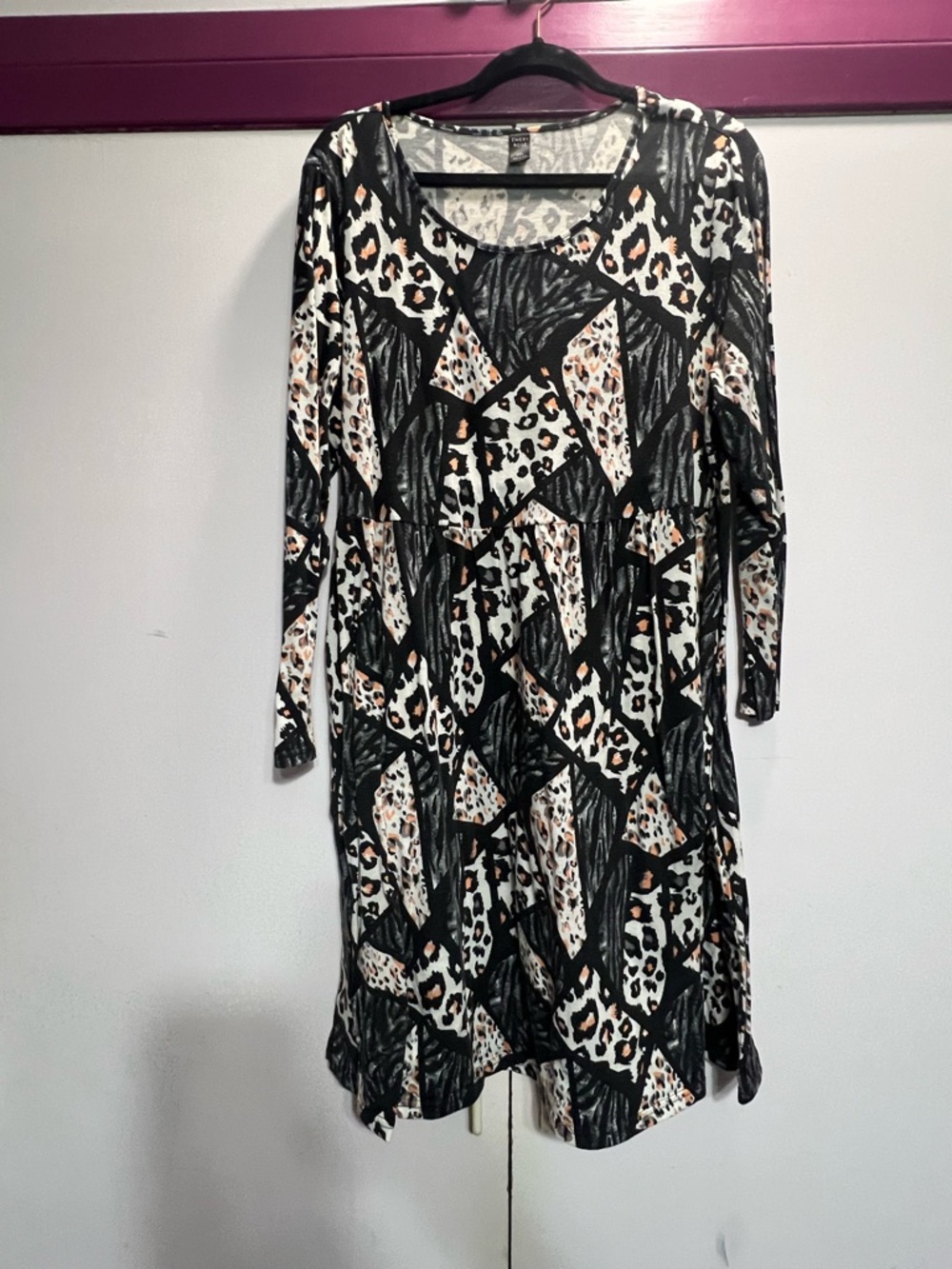 SHEIN Black & White Leopard Patchwork Long Sleeve Dress